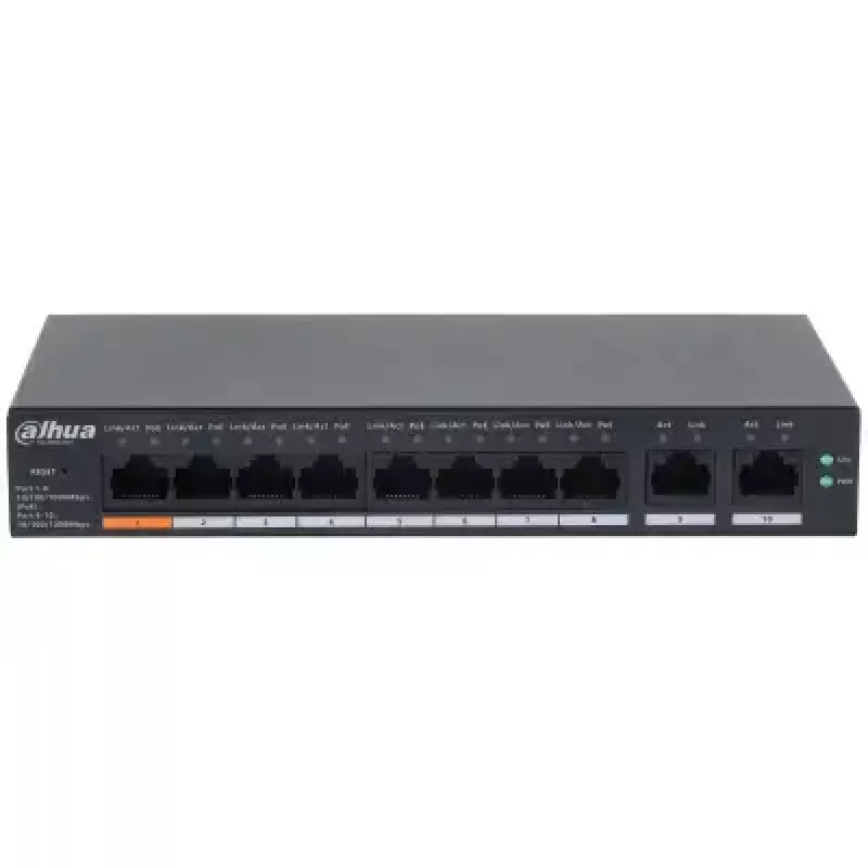 Valdomas L2 Gigabit PoE jungiklis DAHUA CS4010-8GT-60 — 10x Gigabit (10/100/1000), 20 Gbit/s, 8000 MAC, stalas/siena, juoda
