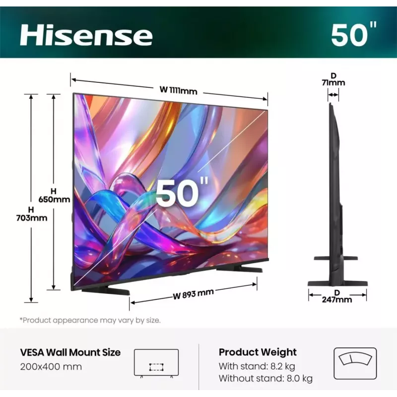 Televizorius Hisense 50Q7S 50 colių (127 cm) QLED 4K Ultra HD išmanusis televizorius, Direct-LED, HomeOS, Wi-Fi, juodas
