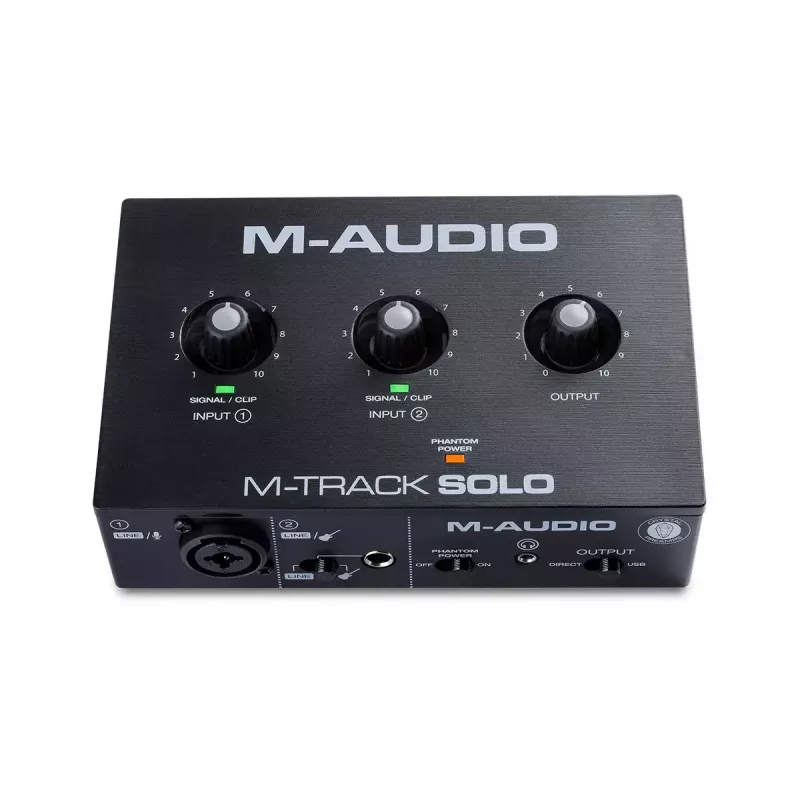 Garso sąsaja M-Audio M-Track Solo USB 16 bitų / 48 kHz, 1 įėjimas / 1 išėjimas, XLR/TRS kombinuotas ir instrumentinis įėjimas, 48V fantominis maitinimas, ausinių išėjimas