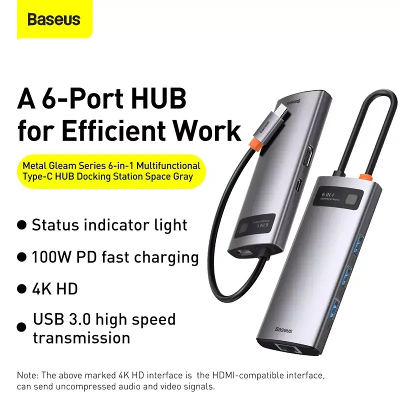 Baseus Metal Gleam USB 3.2 Gen 1 Type-C pilka 100W Power Delivery 4K Ultra HD