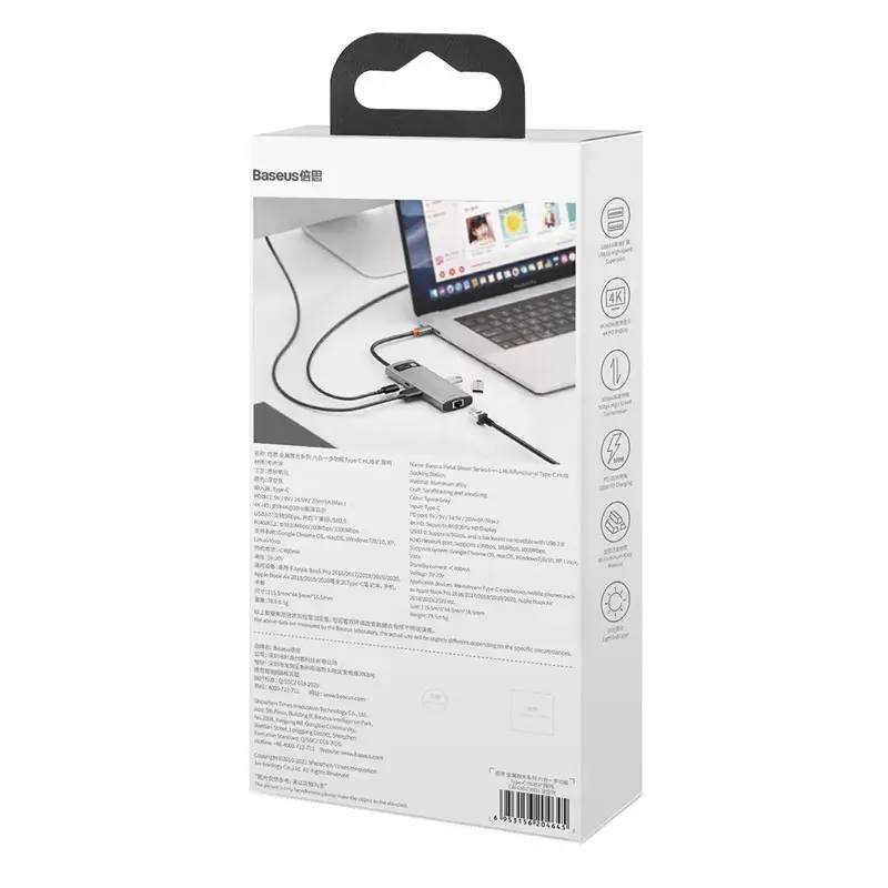 Baseus Metal Gleam USB 3.2 Gen 1 Type-C pilka 100W Power Delivery 4K Ultra HD