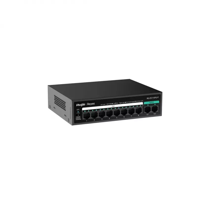 RUIJIE nevaldomas PoE jungiklis RG-ES110FG-P — 10 prievadų Gigabit (10/100/1000) su 1 SFP, 120W, 20 Gbps perjungimas