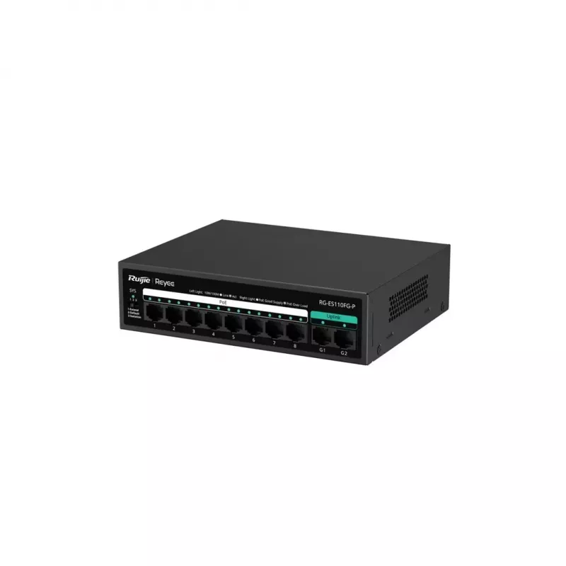 RUIJIE nevaldomas PoE jungiklis RG-ES110FG-P — 10 prievadų Gigabit (10/100/1000) su 1 SFP, 120W, 20 Gbps perjungimas