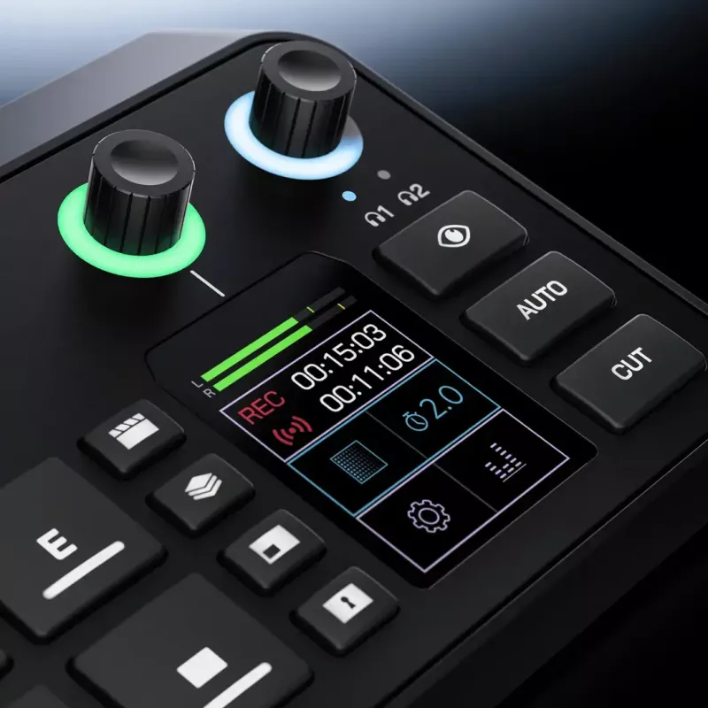 Kelių kanalų podcast'ų ir tiesioginių transliacijų gamybos pultas Rode RodeCaster Video S RCVS-E — jutiklinis ekranas, Wi‑Fi, Bluetooth 5.3, 5x USB-C, 3x HDMI įėjimas, 1x HDMI išėjimas, microSD