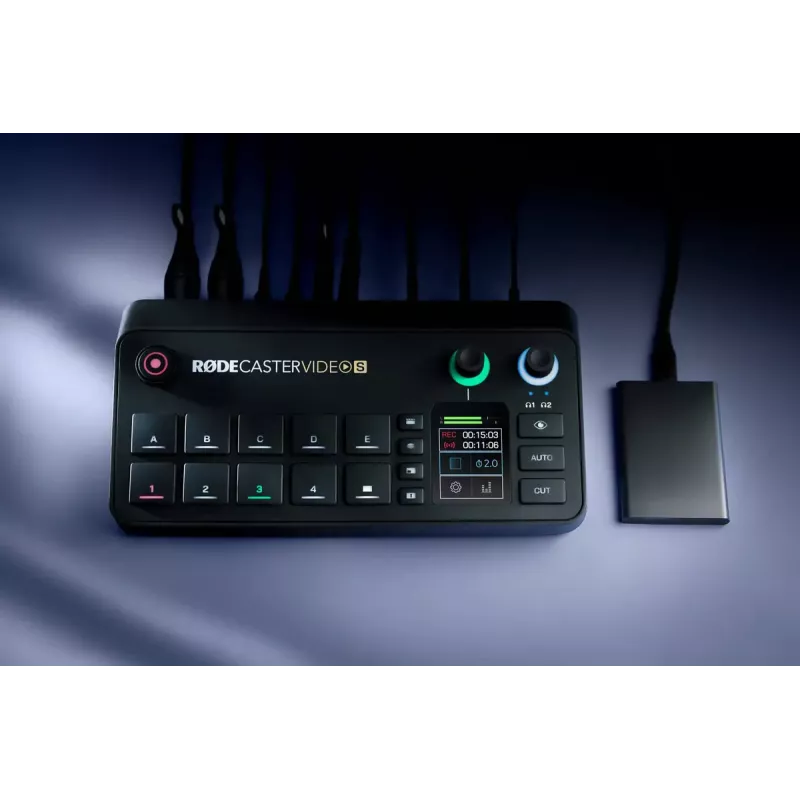 Kelių kanalų podcast'ų ir tiesioginių transliacijų gamybos pultas Rode RodeCaster Video S RCVS-E — jutiklinis ekranas, Wi‑Fi, Bluetooth 5.3, 5x USB-C, 3x HDMI įėjimas, 1x HDMI išėjimas, microSD