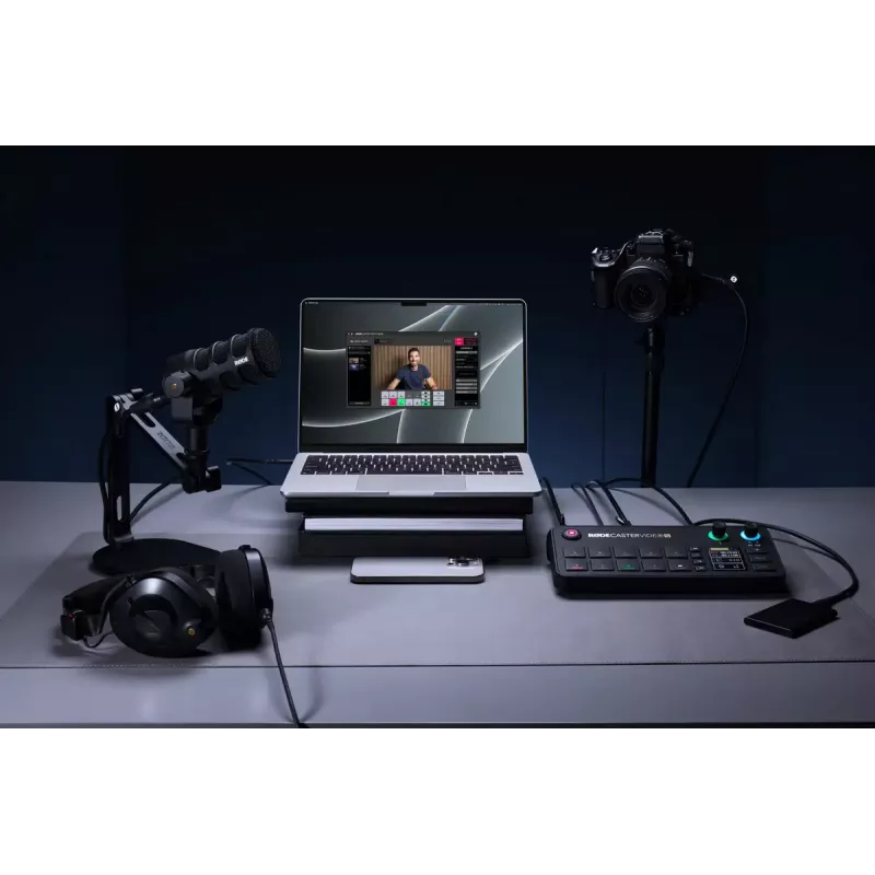 Kelių kanalų podcast'ų ir tiesioginių transliacijų gamybos pultas Rode RodeCaster Video S RCVS-E — jutiklinis ekranas, Wi‑Fi, Bluetooth 5.3, 5x USB-C, 3x HDMI įėjimas, 1x HDMI išėjimas, microSD