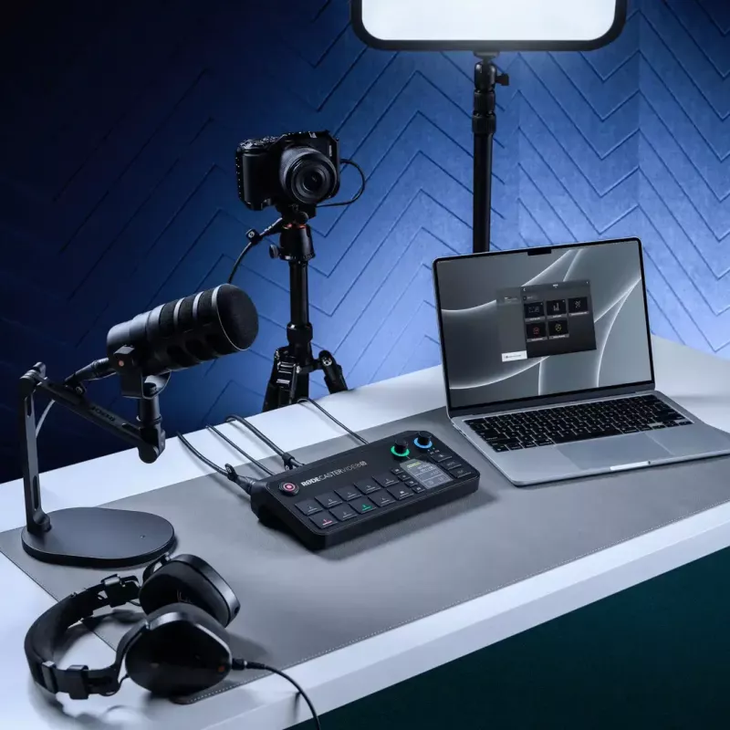 Kelių kanalų podcast'ų ir tiesioginių transliacijų gamybos pultas Rode RodeCaster Video S RCVS-E — jutiklinis ekranas, Wi‑Fi, Bluetooth 5.3, 5x USB-C, 3x HDMI įėjimas, 1x HDMI išėjimas, microSD