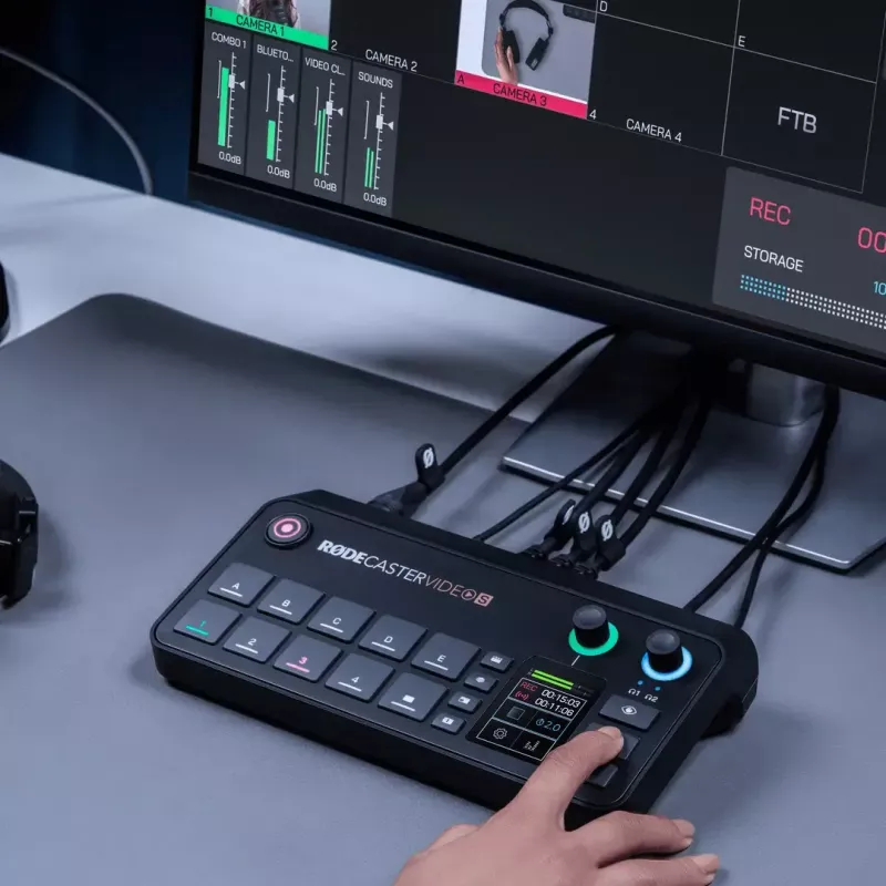 Kelių kanalų podcast'ų ir tiesioginių transliacijų gamybos pultas Rode RodeCaster Video S RCVS-E — jutiklinis ekranas, Wi‑Fi, Bluetooth 5.3, 5x USB-C, 3x HDMI įėjimas, 1x HDMI išėjimas, microSD