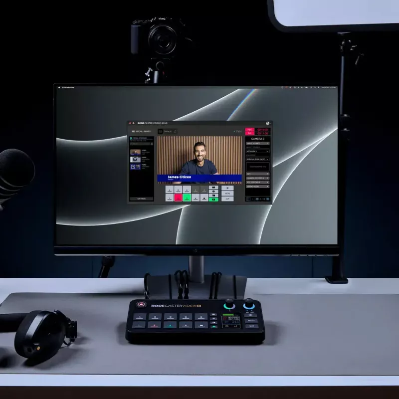 Kelių kanalų podcast'ų ir tiesioginių transliacijų gamybos pultas Rode RodeCaster Video S RCVS-E — jutiklinis ekranas, Wi‑Fi, Bluetooth 5.3, 5x USB-C, 3x HDMI įėjimas, 1x HDMI išėjimas, microSD