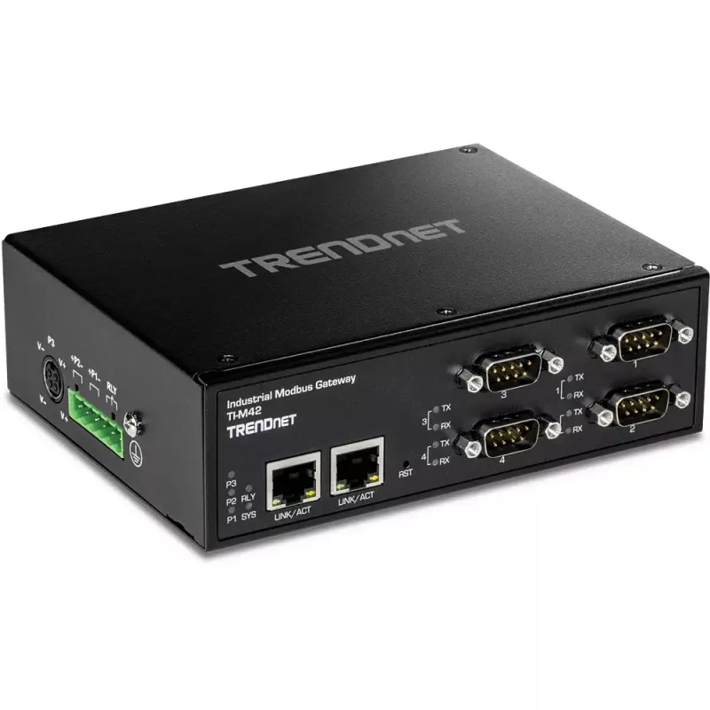 Trendnet TI-M42 pramoninis Modbus šliuzas / valdiklis su dviem 10/100 Mbit/s Ethernet prievadais ir keturiais DB-9 nuosekliaisiais prievadais, IP30, juodas