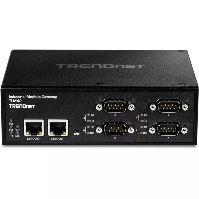 Trendnet TI-M42 pramoninis Modbus šliuzas / valdiklis su dviem 10/100 Mbit/s Ethernet prievadais ir keturiais DB-9 nuosekliaisiais prievadais, IP30, juodas