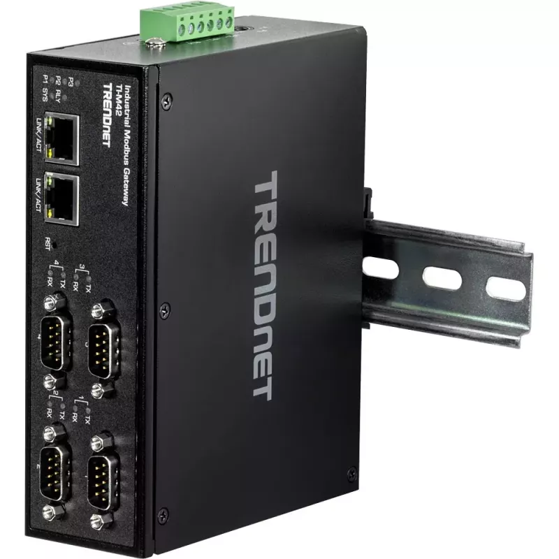 Trendnet TI-M42 pramoninis Modbus šliuzas / valdiklis su dviem 10/100 Mbit/s Ethernet prievadais ir keturiais DB-9 nuosekliaisiais prievadais, IP30, juodas