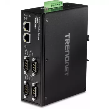 Trendnet TI-M42 pramoninis Modbus šliuzas / valdiklis su dviem 10/100 Mbit/s Ethernet prievadais ir keturiais DB-9 nuosekliaisiais prievadais, IP30, juodas