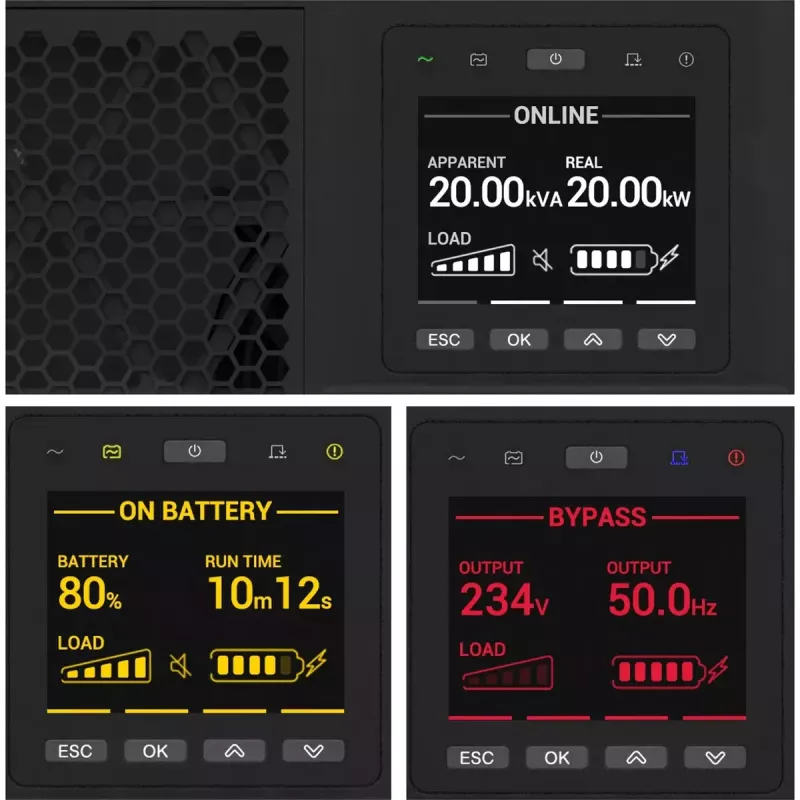 APC Smart-UPS On-Line SRTG15KXLI, 15kVA/15kW, stelažinis / bokštinis, 230V/380V...415V, kietasis sujungimas 5 laidai (3P+N+E)+3 laidai (1P+N+E), tinklo kortelė, be bėgių komplekto