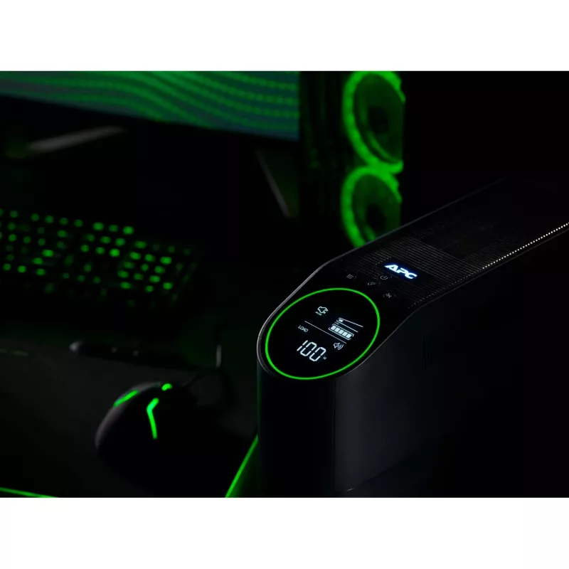 APC Back-UPS Pro for Gaming 2200VA/1320W, bokštinis, 230V, 2x UK ir 2x IEC C13 lizdai, RGB apšvietimas, grynas sinusas, juoda (Midnight)