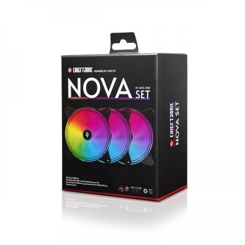 Chieftec Chieftronic Nova 3 vnt. 12 cm juodi ventiliatoriai su RGB ir valdymo pultu