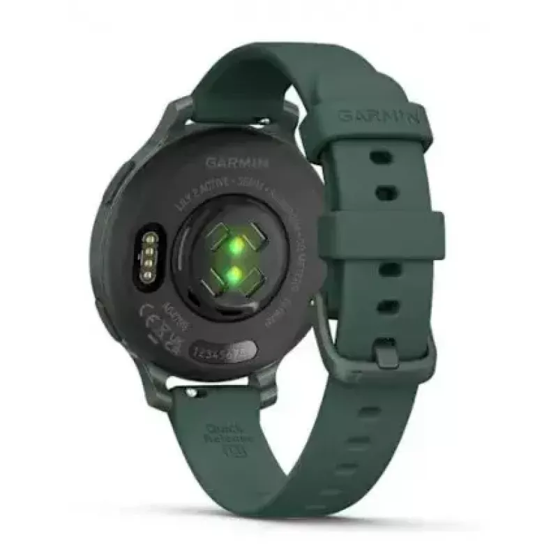 Išmanusis laikrodis GARMIN Lily 2 Active žalias — 38 mm aliuminio korpusas, silikoninis dirželis, GPS, SpO2, 5 ATM, baterija 9 dienos