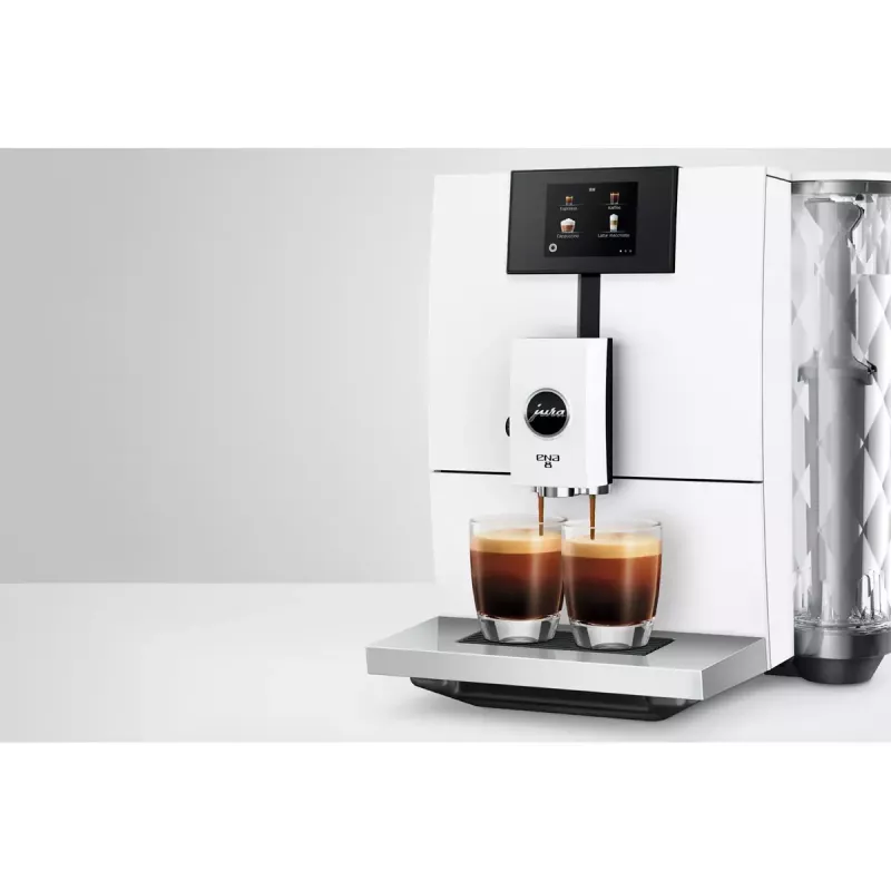 Kavos aparatas JURA ENA 8 (EC) – pilnai automatinis, 1,1 L vandens talpa, 125 g pupelių talpa, 15 programų, 15 bar, termoblokas, Wi‑Fi, baltas