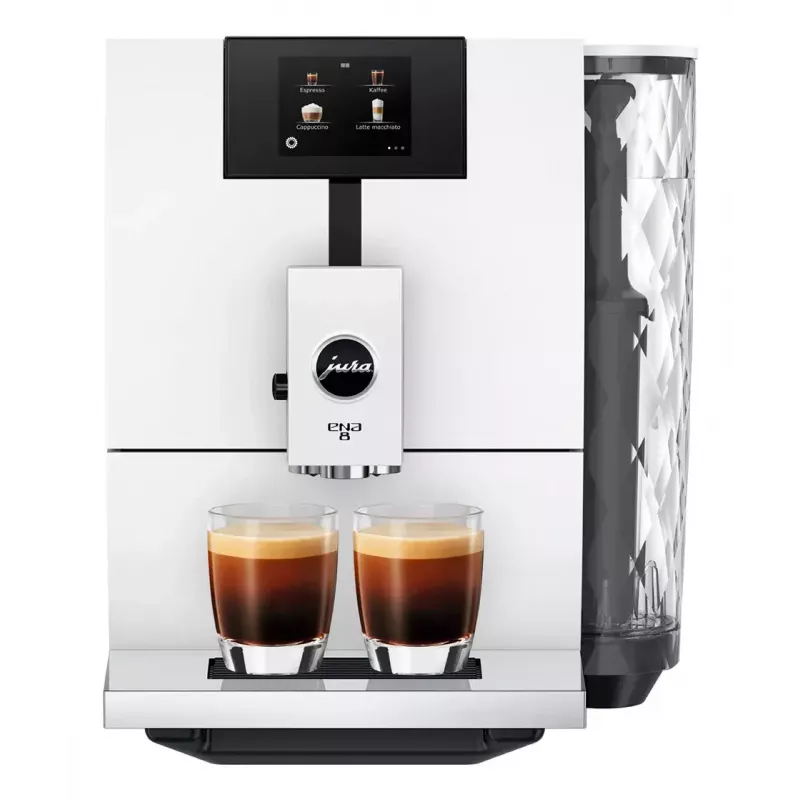 Kavos aparatas JURA ENA 8 (EC) – pilnai automatinis, 1,1 L vandens talpa, 125 g pupelių talpa, 15 programų, 15 bar, termoblokas, Wi‑Fi, baltas