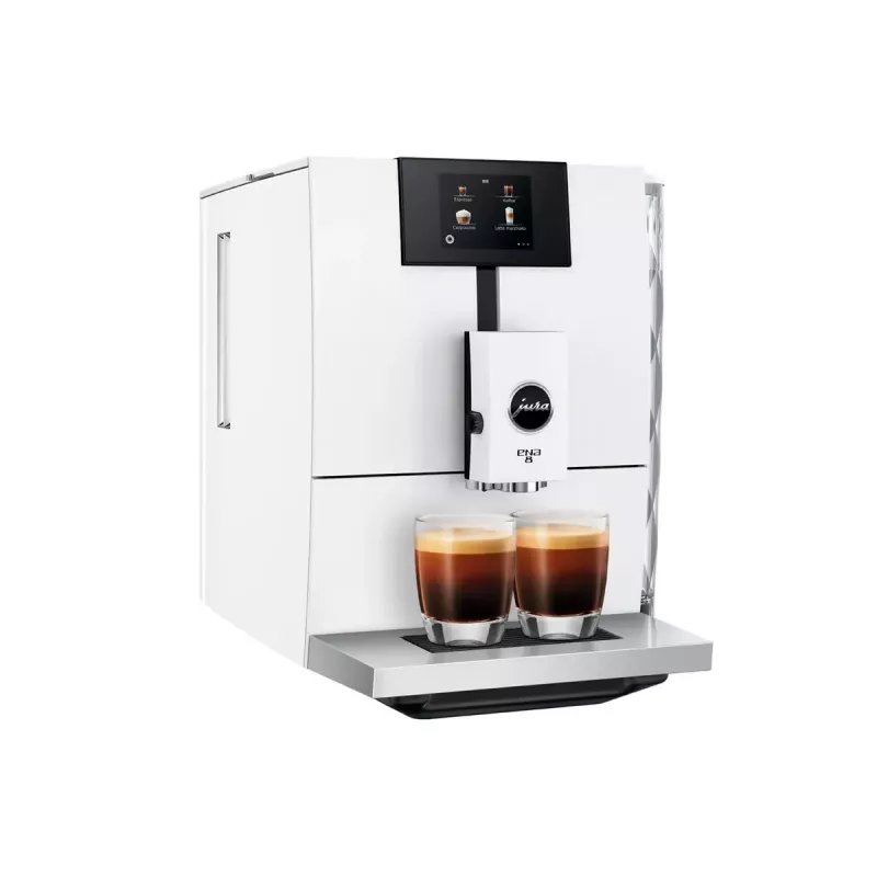 Kavos aparatas JURA ENA 8 (EC) – pilnai automatinis, 1,1 L vandens talpa, 125 g pupelių talpa, 15 programų, 15 bar, termoblokas, Wi‑Fi, baltas