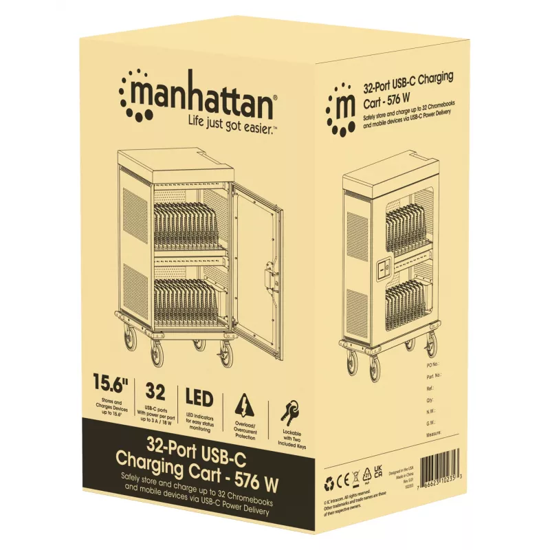 Manhattan 32 vietų įkrovimo spinta USB-C, iki 15,6 inch Chromebook, iPad, MacBook Air, 576 W, 404x27,6x283 mm