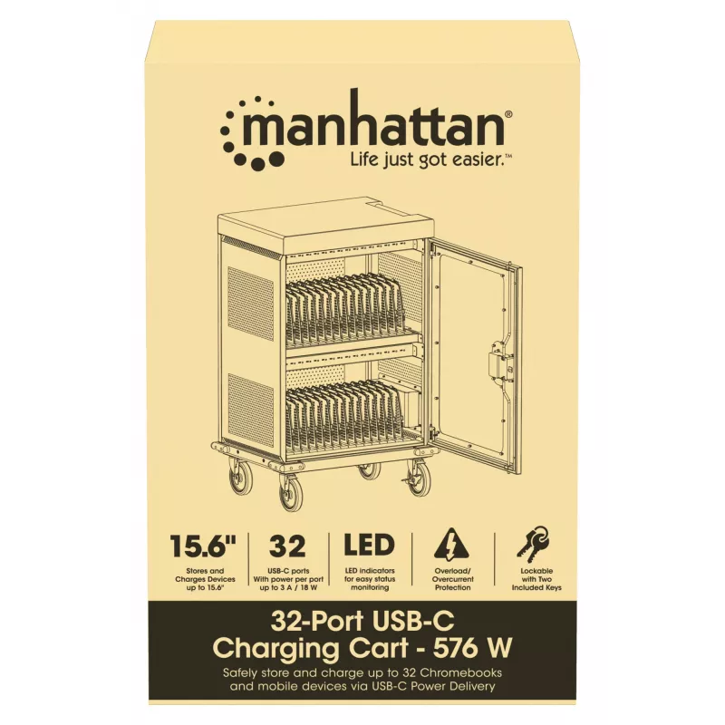 Manhattan 32 vietų įkrovimo spinta USB-C, iki 15,6 inch Chromebook, iPad, MacBook Air, 576 W, 404x27,6x283 mm