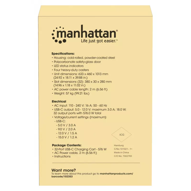 Manhattan 32 vietų įkrovimo spinta USB-C, iki 15,6 inch Chromebook, iPad, MacBook Air, 576 W, 404x27,6x283 mm