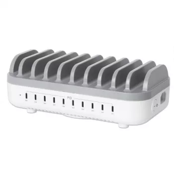 Manhattan 10 prievadų USB-C įkrovimo stotelė, USB-C išėjimas: 10x 20W, maks. 200W, maitinimas iš tinklo (su US/EU/UK adapteriais)