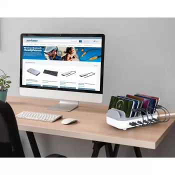 Manhattan 10 prievadų USB-C įkrovimo stotelė, USB-C išėjimas: 10x 20W, maks. 200W, maitinimas iš tinklo (su US/EU/UK adapteriais)