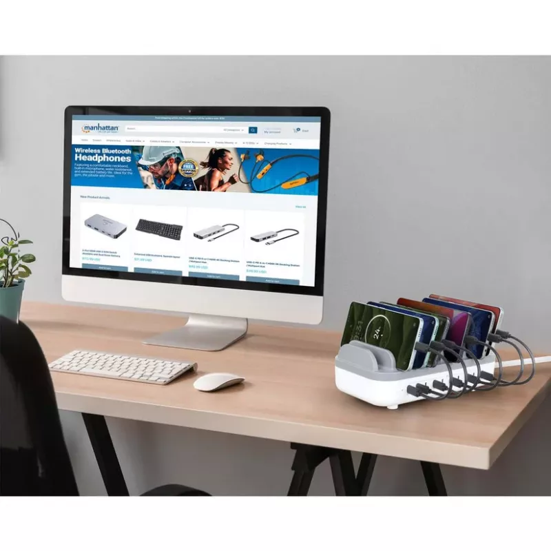 Manhattan 10 prievadų USB-C įkrovimo stotelė, USB-C išėjimas: 10x 20W, maks. 200W, maitinimas iš tinklo (su US/EU/UK adapteriais)