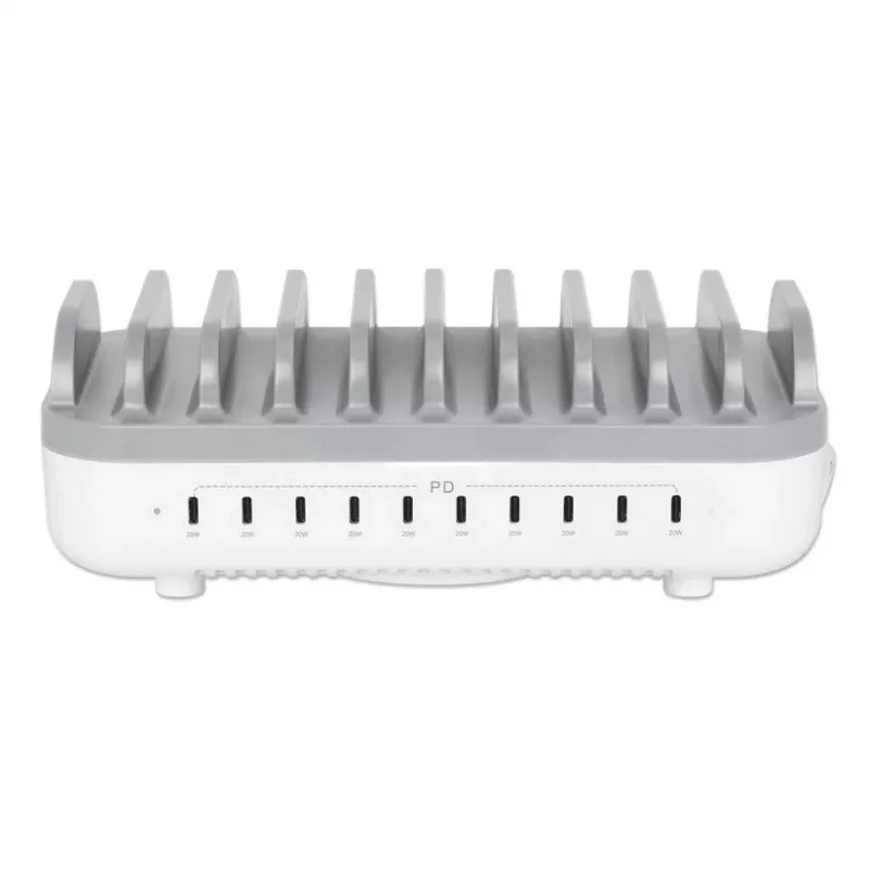 Manhattan 10 prievadų USB-C įkrovimo stotelė, USB-C išėjimas: 10x 20W, maks. 200W, maitinimas iš tinklo (su US/EU/UK adapteriais)