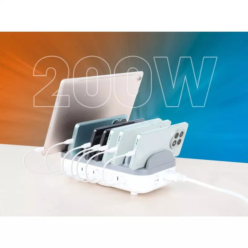 Manhattan 10 prievadų USB-C įkrovimo stotelė, USB-C išėjimas: 10x 20W, maks. 200W, maitinimas iš tinklo (su US/EU/UK adapteriais)