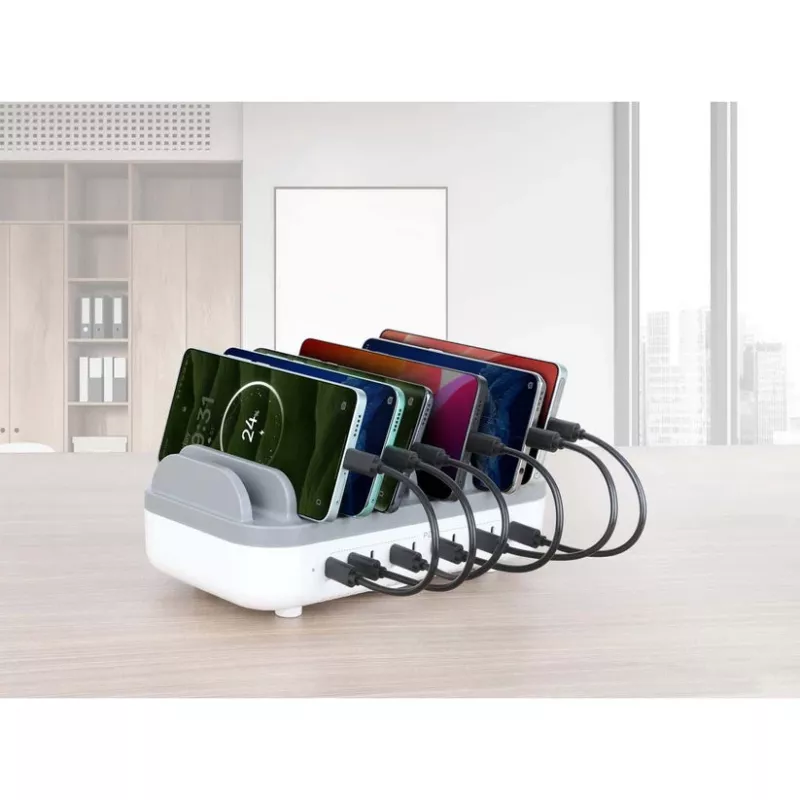 Manhattan 10 prievadų USB-C įkrovimo stotelė, USB-C išėjimas: 10x 20W, maks. 200W, maitinimas iš tinklo (su US/EU/UK adapteriais)