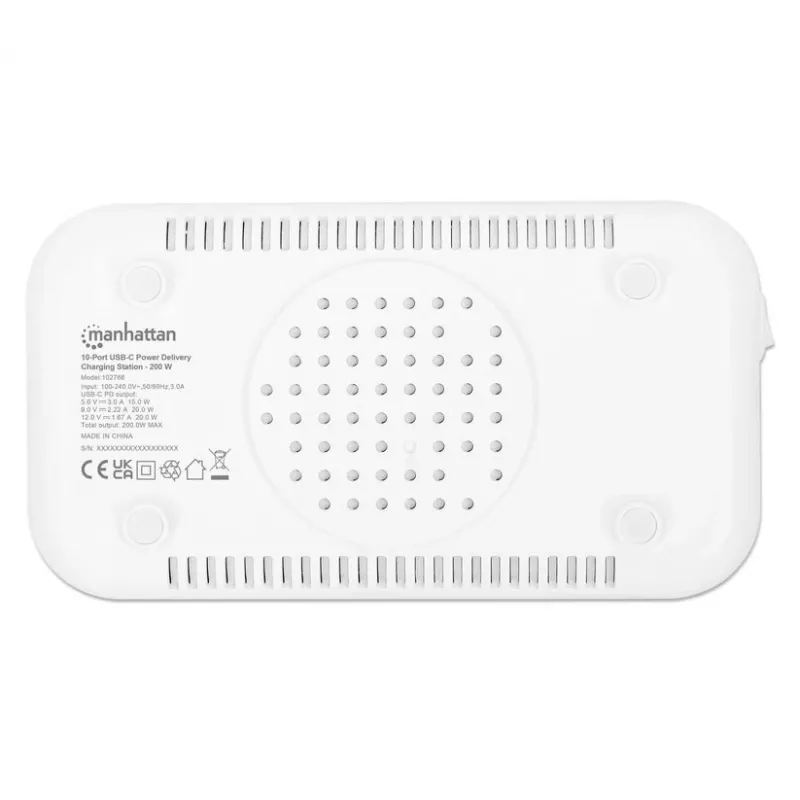 Manhattan 10 prievadų USB-C įkrovimo stotelė, USB-C išėjimas: 10x 20W, maks. 200W, maitinimas iš tinklo (su US/EU/UK adapteriais)