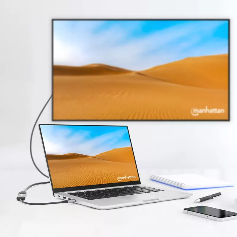 Manhattan USB-C į HDMI laidas, 4K@60Hz, 5 Gbps (USB 3.2 Gen1), 15 cm, juodas, vyriškas į moterišką, trejų metų garantija