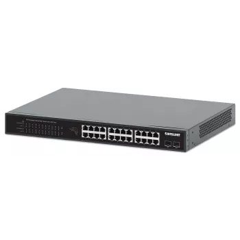 Intellinet 24 prievadų Gigabit Ethernet PoE+ jungiklis su 2 SFP prievadais, 370 W PoE biudžetas, 19 colių montavimui į stelažą