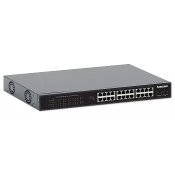 Intellinet 24 prievadų Gigabit Ethernet PoE+ jungiklis su 2 SFP prievadais, 370 W PoE biudžetas, 19 colių montavimui į stelažą
