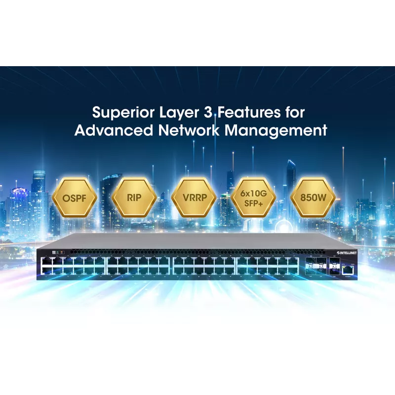 Intellinet 54 prievadų L3 pilnai valdomas PoE+ jungiklis su 48 Gigabit Ethernet prievadais ir 6 SFP+ uplinkais