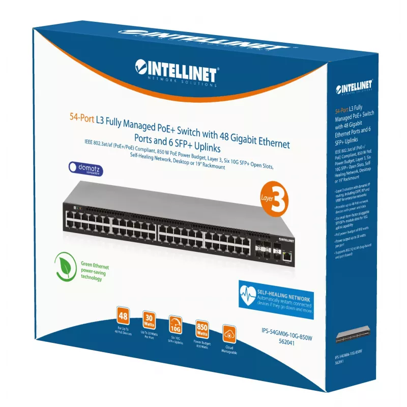 Intellinet 54 prievadų L3 pilnai valdomas PoE+ jungiklis su 48 Gigabit Ethernet prievadais ir 6 SFP+ uplinkais