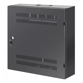 Intellinet Low-Profile 19 colių sieninis spintos stovas su 4U horizontaliomis ir 2U vertikaliomis bėgelėmis, plonas, taupantis vietą, tik 170 mm gylio, idealus AV, daugialypės terpės ir vaizdo stebėjimo sistemoms, surinktas, juodas RAL 7021