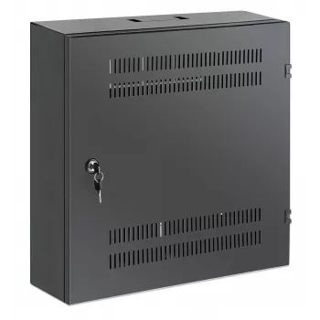 Intellinet Low-Profile 19 colių sieninis spintos stovas su 4U horizontaliomis ir 2U vertikaliomis bėgelėmis, plonas, taupantis vietą, tik 170 mm gylio, idealus AV, daugialypės terpės ir vaizdo stebėjimo sistemoms, surinktas, juodas RAL 7021