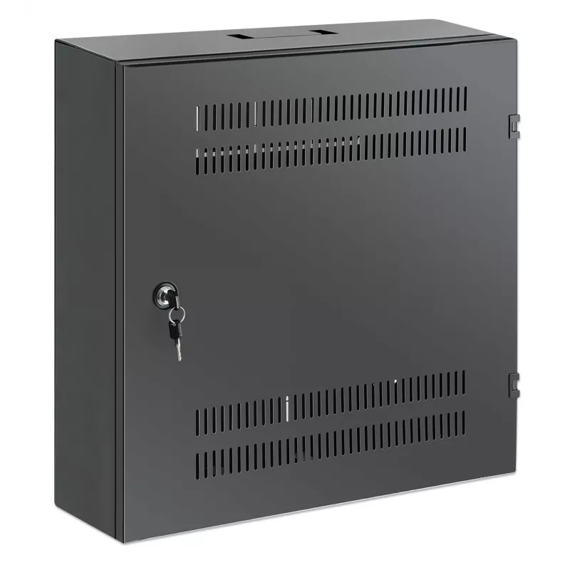Intellinet Low-Profile 19 colių sieninis spintos stovas su 4U horizontaliomis ir 2U vertikaliomis bėgelėmis, plonas, taupantis vietą, tik 170 mm gylio, idealus AV, daugialypės terpės ir vaizdo stebėjimo sistemoms, surinktas, juodas RAL 7021