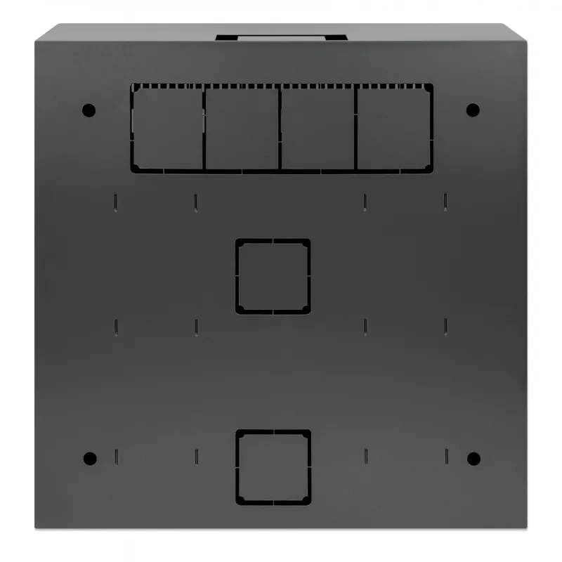 Intellinet Low-Profile 19 colių sieninis spintos stovas su 4U horizontaliomis ir 2U vertikaliomis bėgelėmis, plonas, taupantis vietą, tik 170 mm gylio, idealus AV, daugialypės terpės ir vaizdo stebėjimo sistemoms, surinktas, juodas RAL 7021