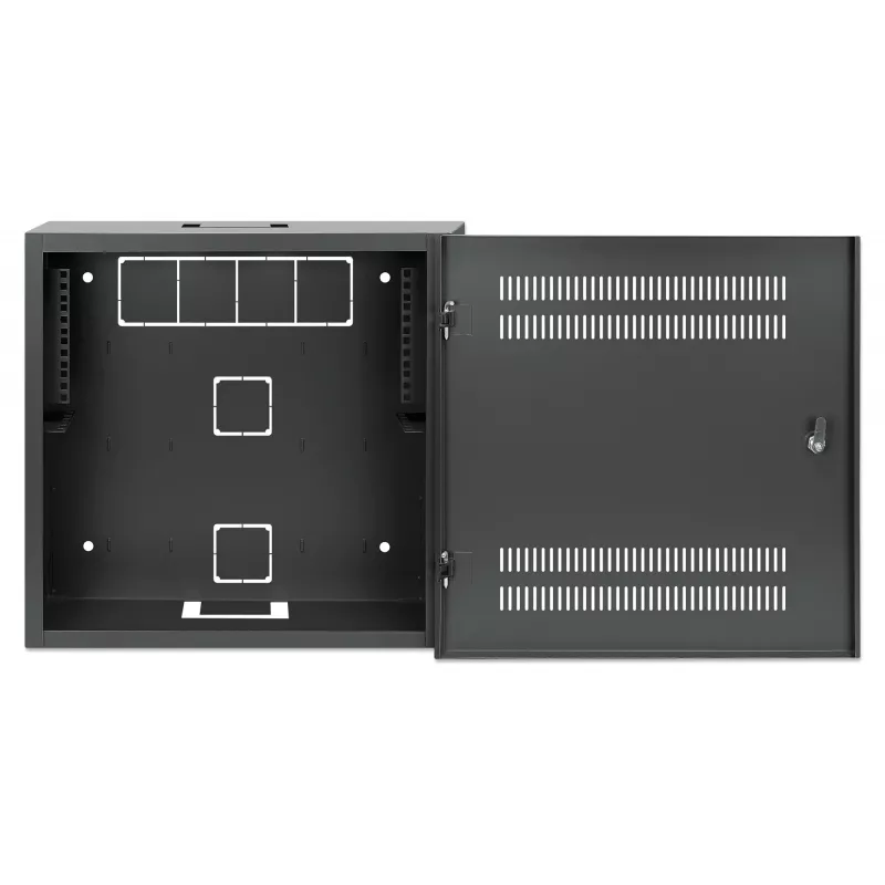 Intellinet Low-Profile 19 colių sieninis spintos stovas su 4U horizontaliomis ir 2U vertikaliomis bėgelėmis, plonas, taupantis vietą, tik 170 mm gylio, idealus AV, daugialypės terpės ir vaizdo stebėjimo sistemoms, surinktas, juodas RAL 7021