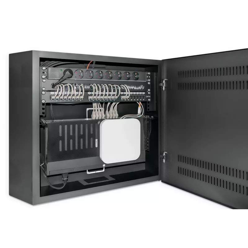 Intellinet Low-Profile 19 colių sieninis spintos stovas su 4U horizontaliomis ir 2U vertikaliomis bėgelėmis, plonas, taupantis vietą, tik 170 mm gylio, idealus AV, daugialypės terpės ir vaizdo stebėjimo sistemoms, surinktas, juodas RAL 7021