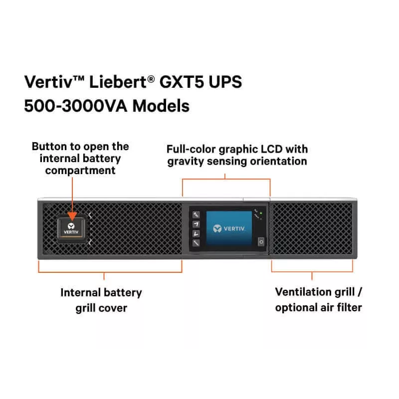 Vertiv Liebert GXT5 nepertraukiamo maitinimo šaltinis (UPS) Dvigubas keitimas (Online) 2 kVA 2000 W 8 AC lizdai