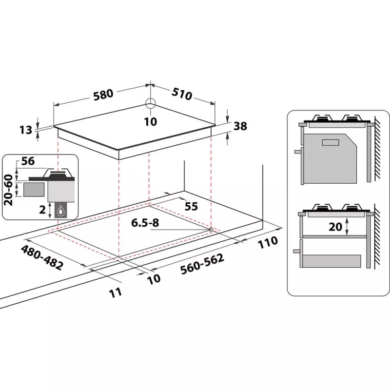 Whirlpool TGML 650 IX nerūdijančio plieno įmontuojama 58 cm dujinė kaitlentė 4 zonos