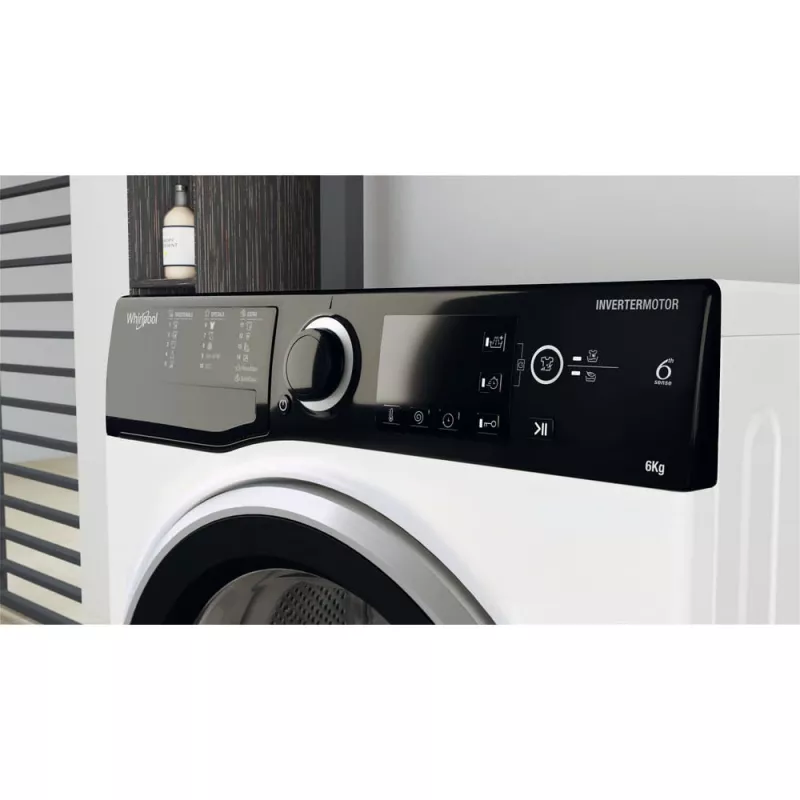 Whirlpool WRBSB 6249 S EU skalbyklė, priekinis pakrovimas, 6 kg, 1151 aps/min, juoda, balta