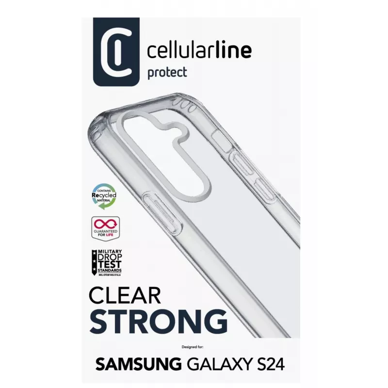 Cellularline Clear Protect – kietas dėklas Samsung Galaxy S24 su guminiais kraštais