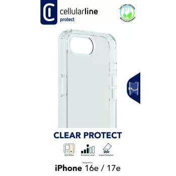 Cellularline Clear Protect – kietas dėklas iPhone 16e/17e su guminiais kraštais